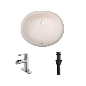 19 in. Undermount Oval Bathroom Sink with Overflow Drain in Biscuit with Single Handle Faucet in Brushed Finish