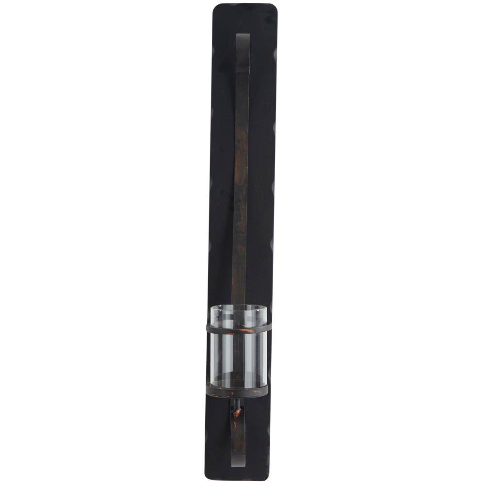 Black Metal and Wood Wall Sconce with Hurricane Glass