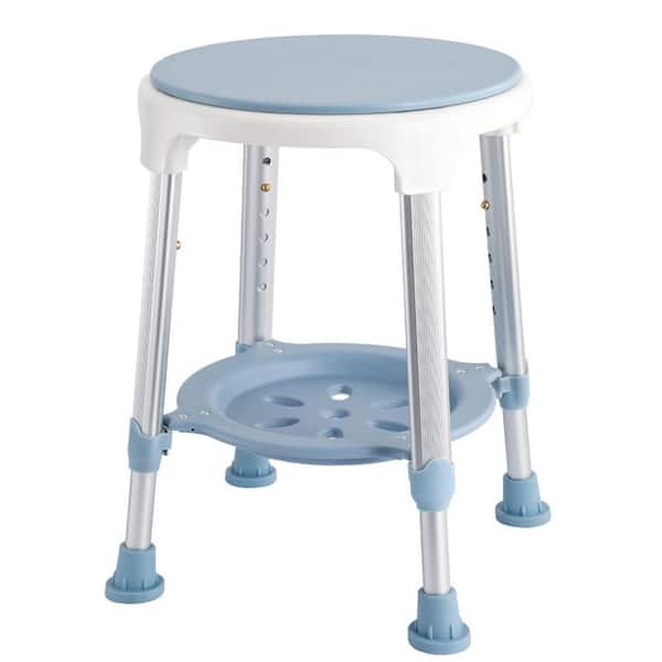 Aluminum Adjustable Height Shower Chair for Bath Shower Seat with Storage Tray, 360° Swivel, Up to 300lbs in Blue White