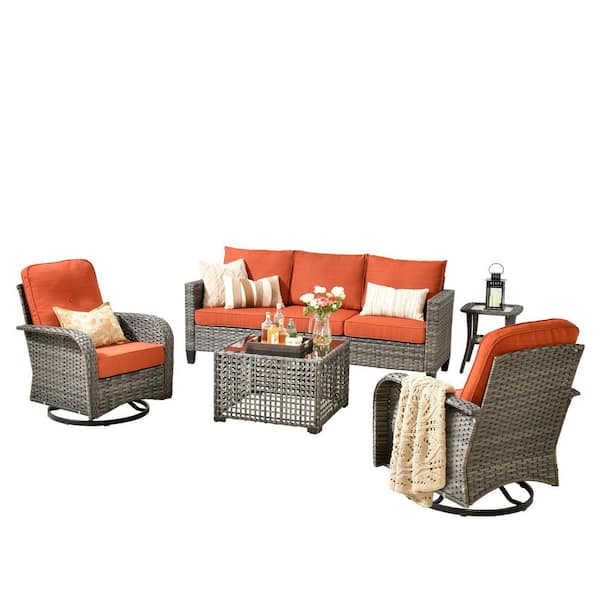 Aurora 5-Piece Wicker Patio Conversation Sofa Set with Swivel Rocking Chairs and Orange Red Cushions
