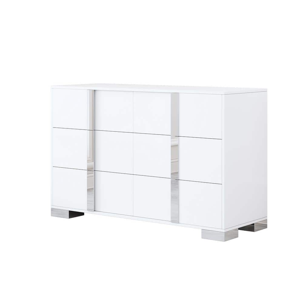 White Mirrored 6-Drawer MDF Modern Dresser with Metal Handles