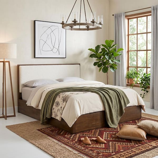 Matilda Modern Walnut Brown Wood Frame King Platform Bed with Boucle Upholstered Headboard