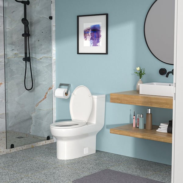 1-Piece, 1.28 GPF Single Flush Elongated Toilet in White, Seat Included