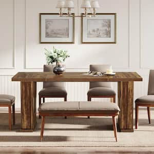 Roesler Farmhouse Brown Wood 62.9 in. W Rectangular Pedestal Dining Table Seats 6 for Home Kitchen, Dining Room