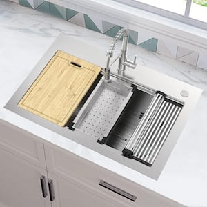 Tight Radius 33 in. Drop-In Single Bowl 18 Gauge Stainless Steel Workstation Kitchen Sink with Spring Neck Faucet