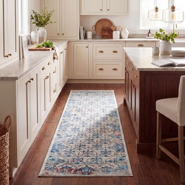 Brentwood 2 ft. x 12 ft. Ivory/Blue Border Multi-Floral Geometric Runner Rug