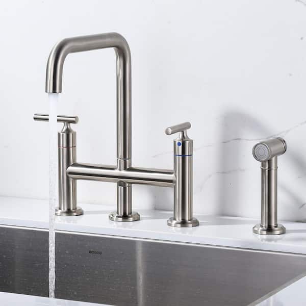 Minimalist Double Handle Bridge Kitchen Faucet with 27.5 in. Side Spray in Brushed Nickel