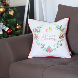 Merry Christmas Decorative Single Throw Pillow 18 in. x 18 in. White and Red Square for Couch, Bedding