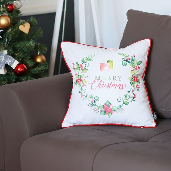 Mike & Co. New York Merry Christmas Decorative Single Throw Pillow 18 in. x 18 in. White and Red Square for Couch, Bedding, White/ Red