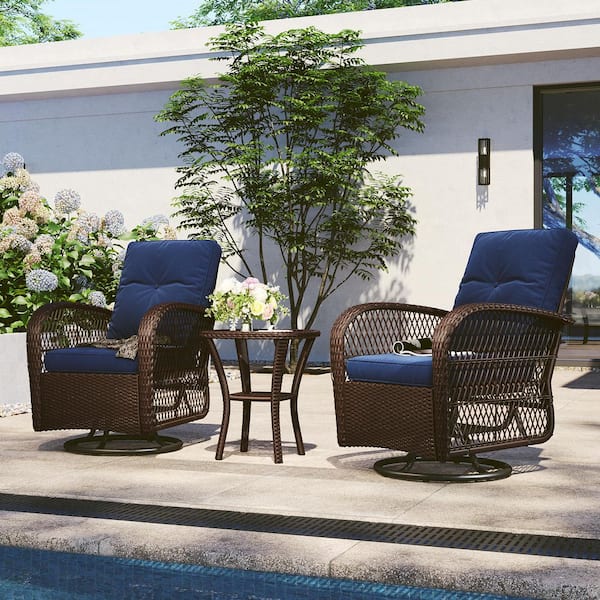Patio Conversation Brown 3-Piece Wicker Square Outdoor Dining Set with CushionGuard Blue Cushions