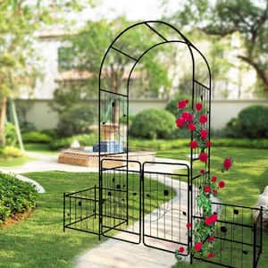 79.5 in. W x 86.6 in. H Metal Garden Arch Outdoor Trellis with Gate for Climbing Plants Support Rose Black