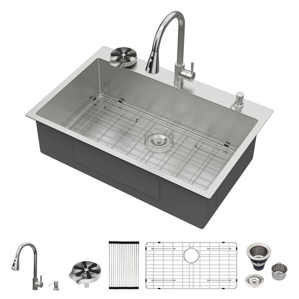 33 in. Drop-in/Topmount Single Bowl 16 Gauge Brushed Stainless Steel Kitchen Sink with Pull Down Faucet and Cup Washer price history on PriceWatchPro