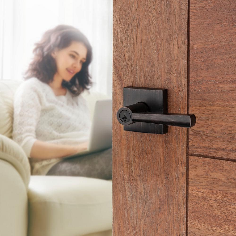 Venetian Bronze Modern Keyed Entry Door Lever with Square Rose