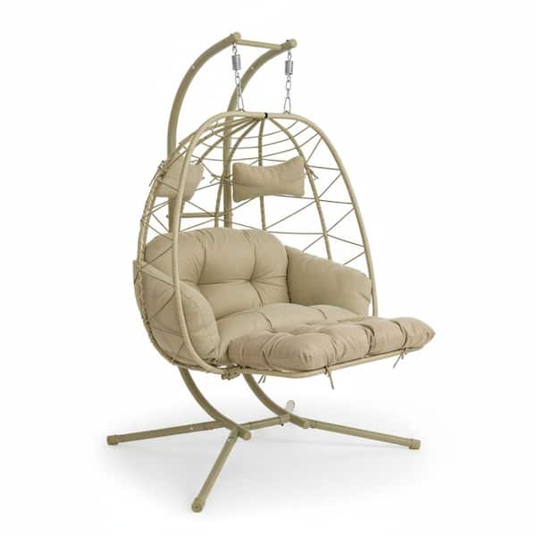 2-Person Cyan Hanging Egg Chai, Double Outdoor Wicker Swing Chair with Adjustable Footrest