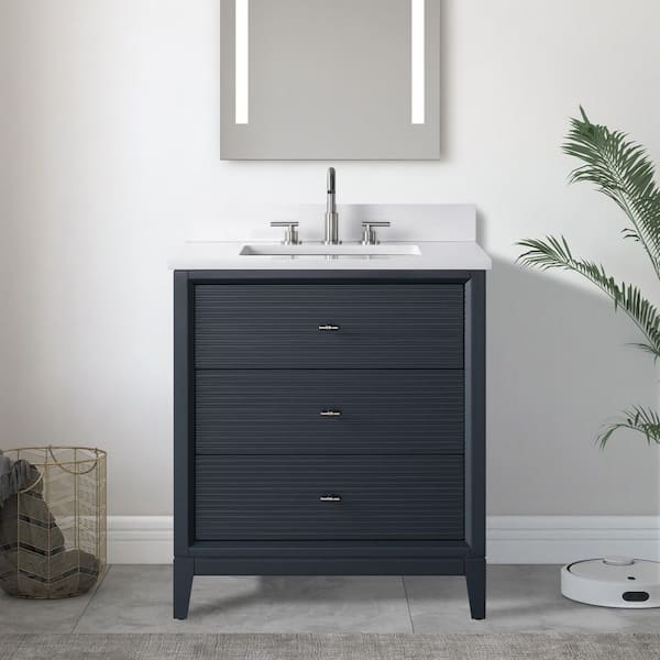 30 in. W Single Sink Freestanding Vintage Spruce Blue Bath Vanity Cabinet with Ariston White Engineered Marble Top