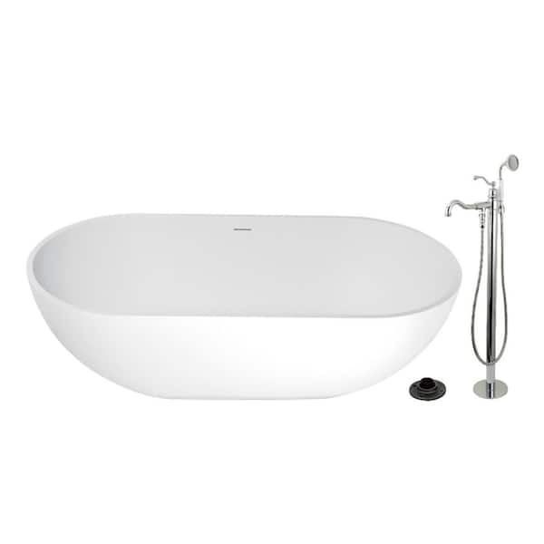 Arcticstone 70.1 in. x 34.6 in. Surface White Stone Flatbottom Soaking Freestanding Bathtub in White/Polished Chrome
