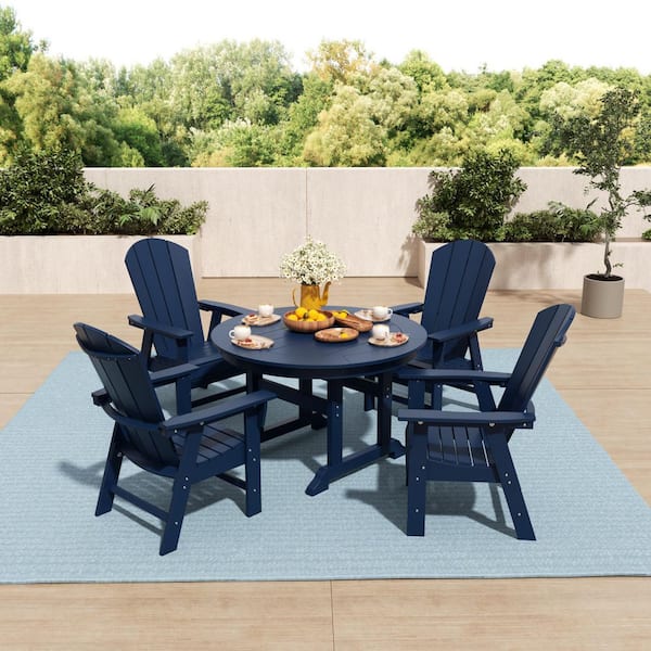 Laguna Outdoor Patio Adirondack Weather Resistant Navy Blue 5-Piece HDPE Plastic Round Table Dining Set