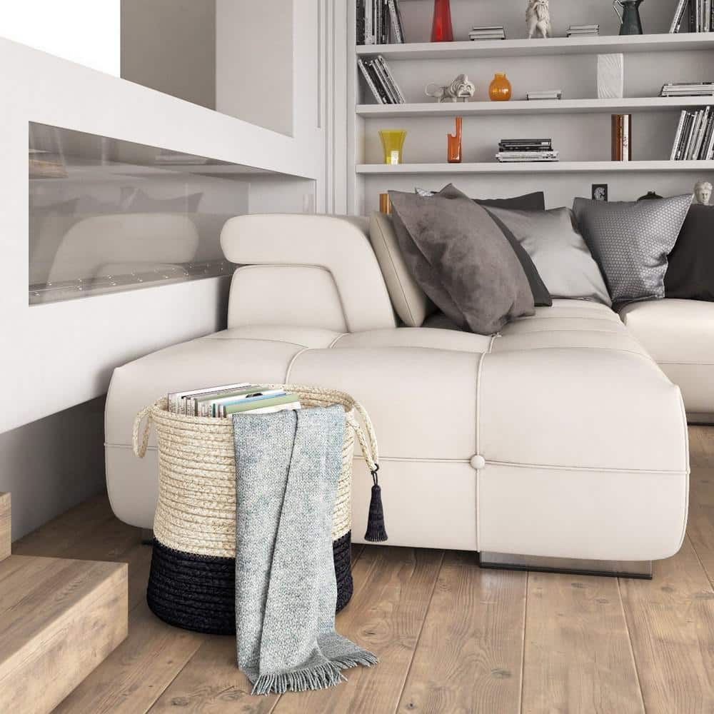 17" Cream and Black Round Jute Storage Basket