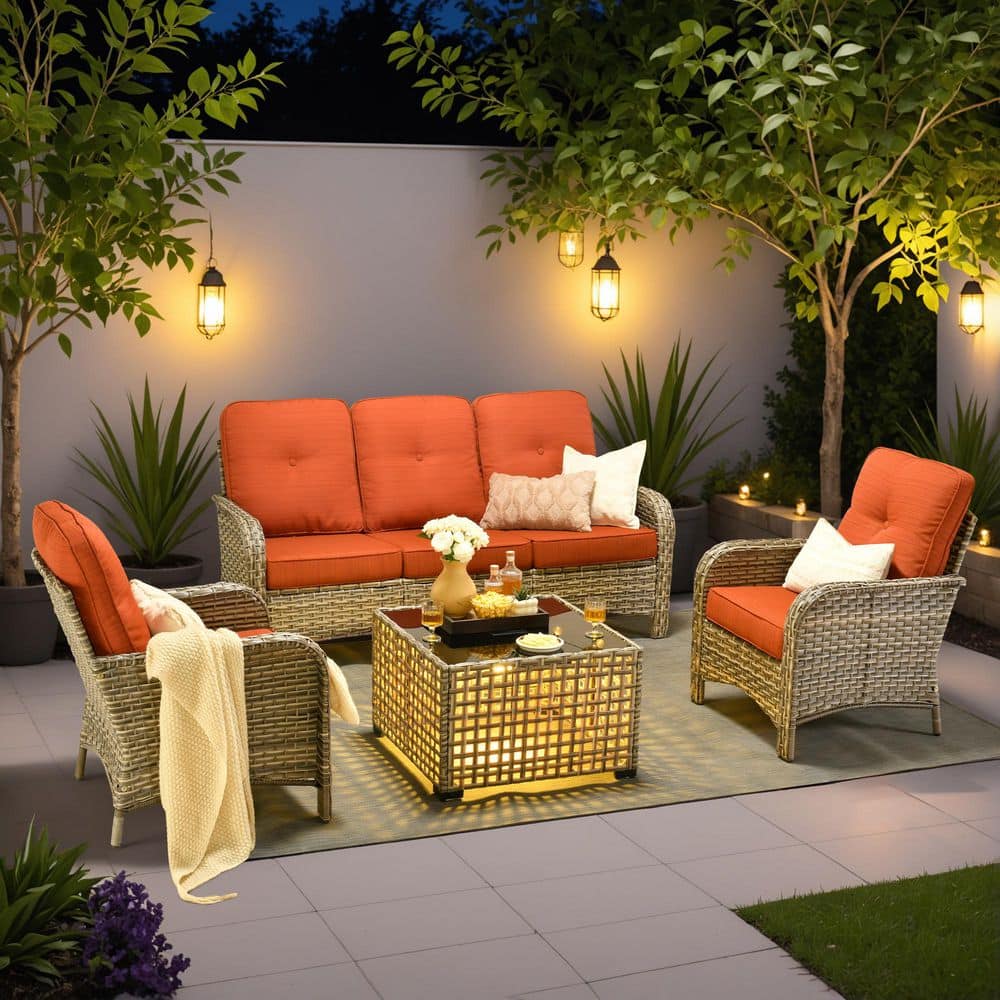 Vinceny Gray 4-Piece Wicker Patio Conversation Set with Orange Red Cushions and Coffee Table price history on PriceWatchPro