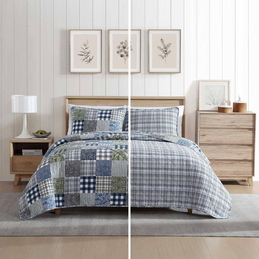 Blue Cotton Twin Reversible Patchwork Quilt Set