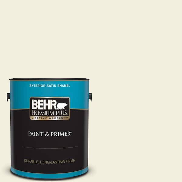 BEHR PREMIUM PLUS 1 gal. #GR-W01 White Wool Satin Enamel Exterior Paint & Primer