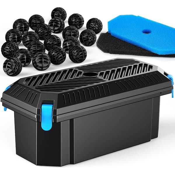 Outdoor Pond Filter Box with 2 Filter Pads 20 Bio-Balls for Submersible Fountain Pump Water Clarity Enhancement