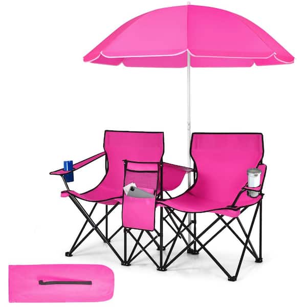 Portable Folding Double Picnic Chair with Removable Adjustable Umbrella Mini Table Cooler Bag and Cup Holders - Pink