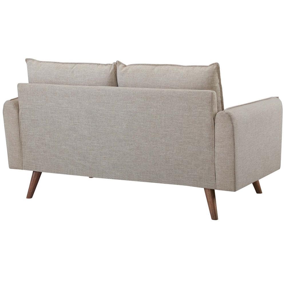 Beige Fabric Loveseat with Walnut Wood Legs