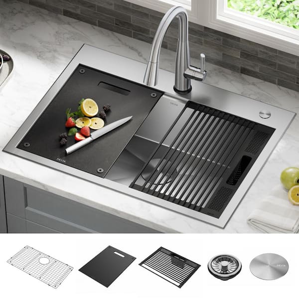 Delta Rivet 16-Gauge Stainless Steel 30 in. Single Bowl Drop-In Workstation Kitchen Sink with Work Flow Ledge and Accessories