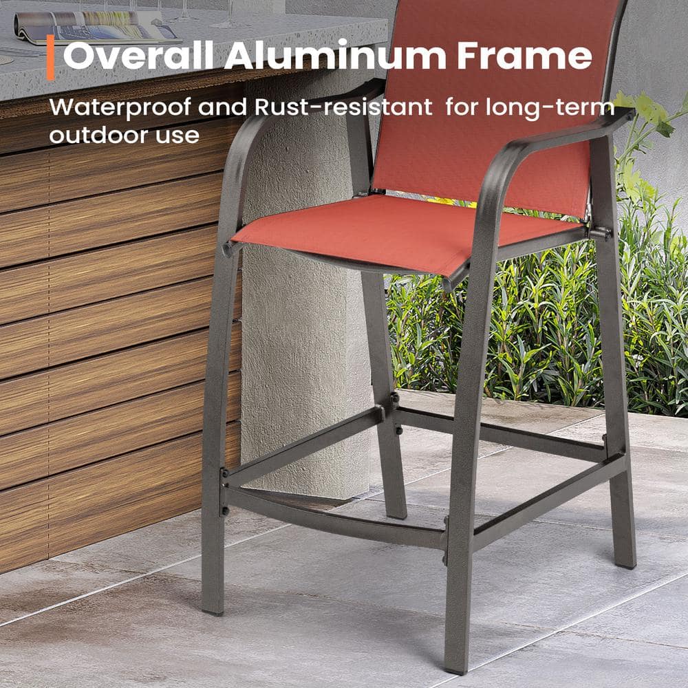 Pellebant Orange Textilene Aluminum Outdoor Counter Height Bar Stools, Set of 2