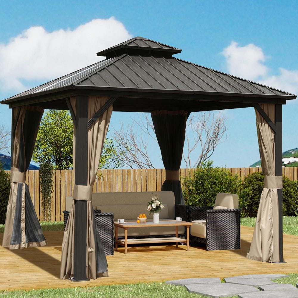 10 ft. x 10 ft. Brown Hardtop Gazebo,Aluminum Metal Gazebo with Galvanized Steel Double Roof Canopy, Curtain and Netting price history on PriceWatchPro