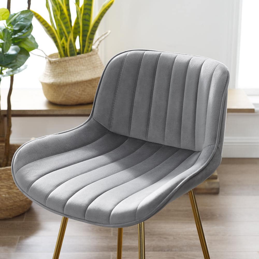 Luxurious Gray Velvet & Gold-Plated Swivel Bar Stool Set