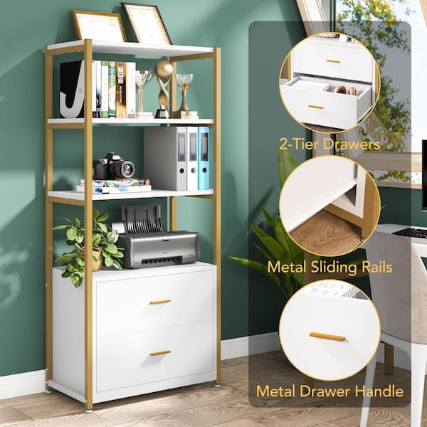 Kaduna 23.6 in. Wide White and Gold 4-Shelf Etagere Bookcase with 2-Drawers