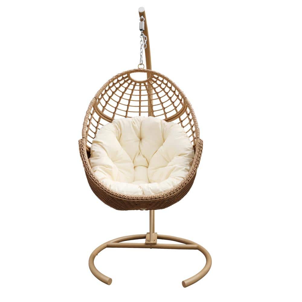 36 in. W Wood Finish Hand-Woven Wicker Metal Outdoor Freestanding Patio Swing Egg Chair with Cushion and Stand