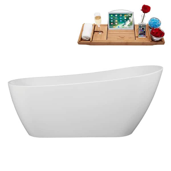 Streamline 67 in. x 29 in. Acrylic Freestanding Soaking Bathtub in Glossy White With Matte Oil Rubbed Bronze Drain, Bamboo Tray
