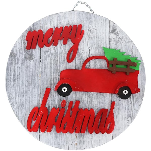 Sunnydaze 22 in. Red Wooden Sunnydaze Weathered Merry Christmas Truck Sign