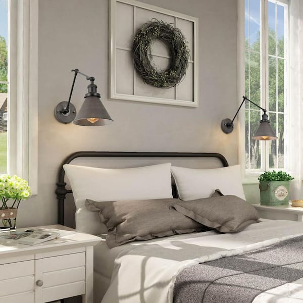 Brushed Gray Swing Arm, Modern 1-Light Black Bell Swing Arm Plug-In Wall Sconce Desk Lamp Hardwired Bedroom Lamp(2-Pack)