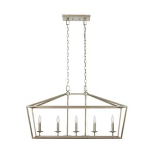 Weyburn 36 in. 5-Light Antique Silver Leaf Farmhouse Linear Chandelier Light Fixture with Caged Metal Shade