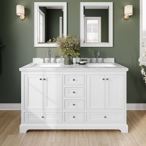 Wyndham Collection Deborah 60 in. W x 22 in. D Vanity in White with Marble Vanity Top in Carrara White with White Basins