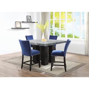 Camila Gray Marble 54 in. Square Counter Height Dining Set with 4-Blue Velvet Upholstered Side Chair