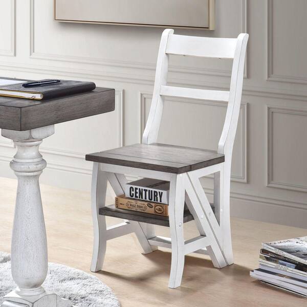 White Solid Wood Side Chair, Foldable Ladder Chair, Dual-Purpose