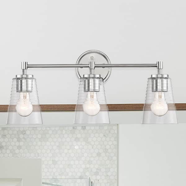 Ingo 24 in. 3-Light Polished Nickel Modern Vanity Light with Clear Ribbed Glass Shades