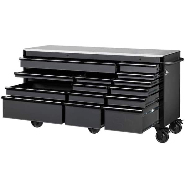 Heavy-Duty 72 in. W15-Drawer Matte Black Mobile Workbench Cabinet with Stainless Steel Top