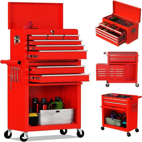 8-Drawer Red Tool Chest Tool Box, Rolling Metal Storage Cabinet with Sliding Drawers, Lockable Tool Cart with Wheels