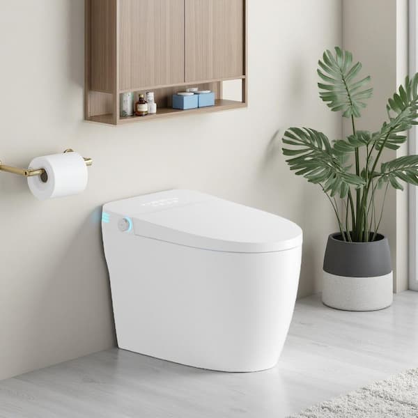 Elongated Smart Bidet Toilet 1.28 GPF in White with Heated Seat, Foot-Sensor Flushing, Nozzle Self-Cleaning
