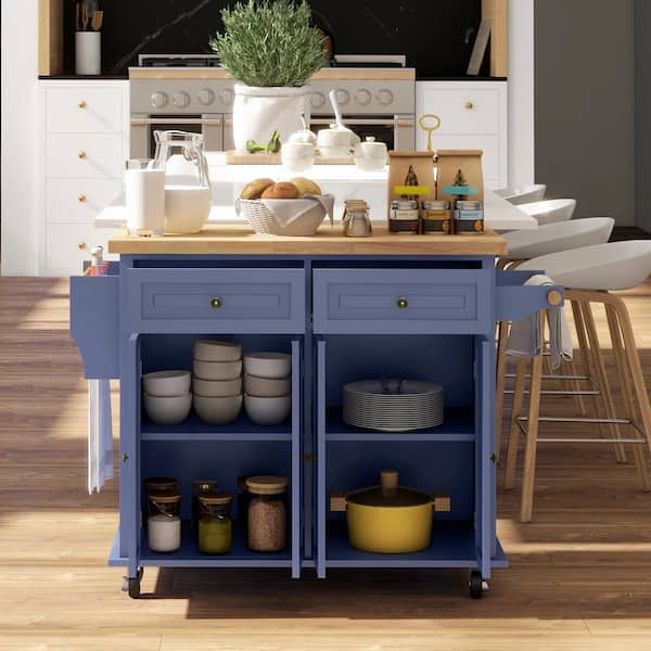 HOMCOM Navy Blue Wood 43.75 in. Kitchen Island with Wheels, Spice