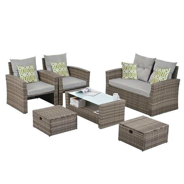 Unbranded Modern 7-Piece Gray PE Rattan Wicker Patio Conversation Set Seasonal with Gray Cushions and Table