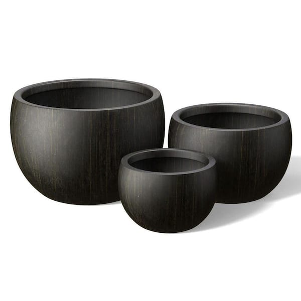 11.5 in., 15 in., 19 in. Bronzed Black(Enhanced Core) Concrete Round Planter / Pot with Drainage Holes (Set of 3)