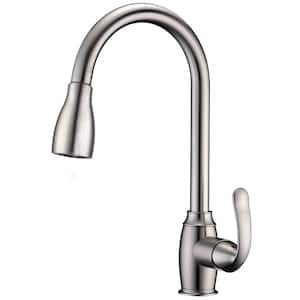 Bistro Single Handle Deck Mount Gooseneck Pull Down Spray Kitchen Faucet with Metal Lever Handle 4 in Brushed Nickel
