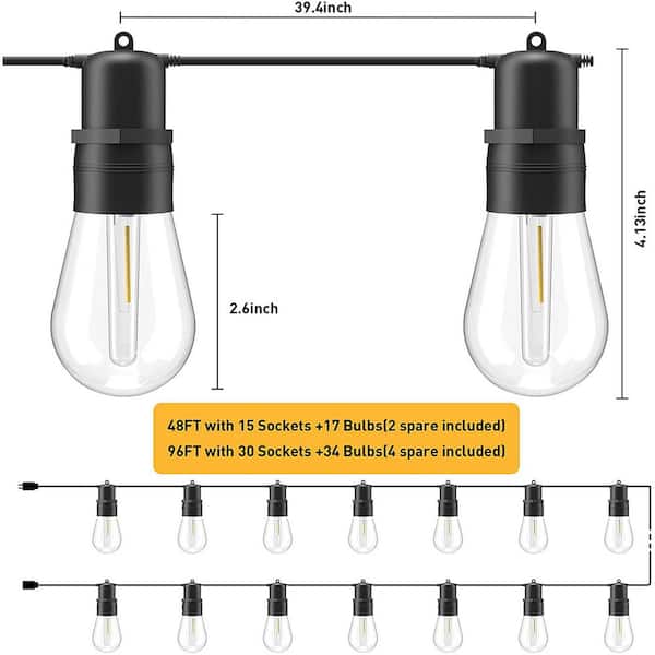 Outdoor 48 ft. Plug-In Edison Bulbs LED String Light with S14 15 Plus 2 Spare Plastic Shatterproof Bulbs ETL Listed IP65